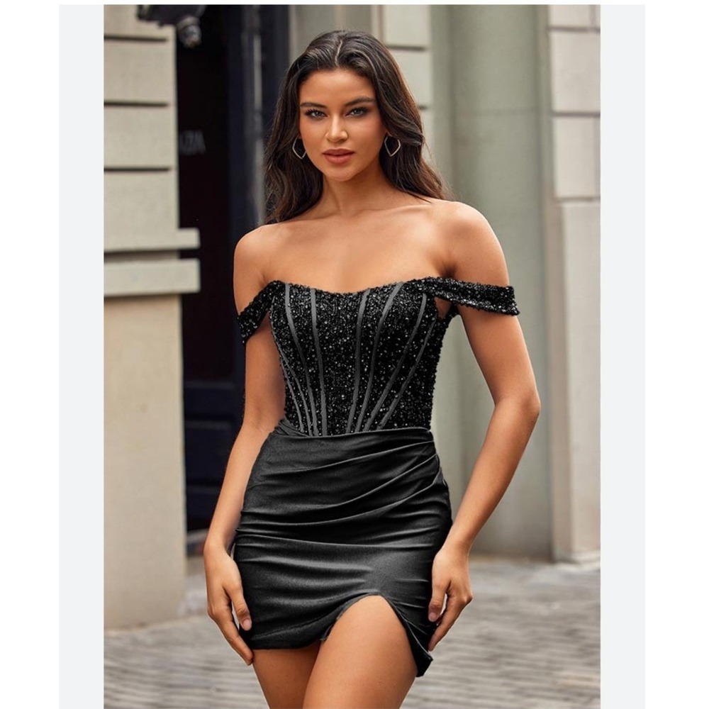 Stacees Dress Womens‎ 8 Black Off Shoulder Beaded Mini Prom Cocktail NWT